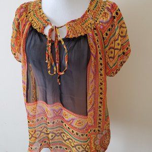BCBG Max Azria Sheer Smocked Neck Peasant Style Top Shirt